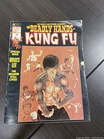 Front cover of the magazine featuring Bruce Lee in wrestling pose with multiple martial arts action sketches surrounding him, showing wear and tear primarily on edges and corners.