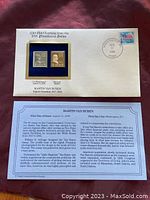 Commemorative envelope showing original 1938 stamp and 22KT gold replica mounted on blue background with August 11, 1989 Washington D.C. first day of issue postmark, includes informational insert about Martin Van Buren.