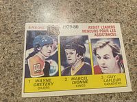Front side of the 1980-81 O-PEE-CHEE hockey card #162 featuring Wayne Gretzky, Marcel Dionne, and Guy Lafleur with photos and assist leader ranking.