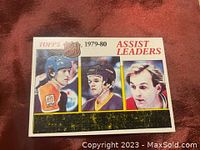 Front of 1980-81 Topps hockey card showing Guy Lafleur, Wayne Gretzky, and Marcel Dionne with 'Assist Leaders' header from 1979-80 NHL season.