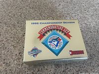 Closed box with label showing 1992 Championship Season Commemorative Set for Toronto Blue Jays by Donruss and World Series logo.