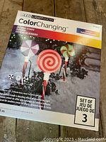 Box showing retail packaging of the set of three color-changing peppermint candy LED pathway stakes with clear labeling and product display.