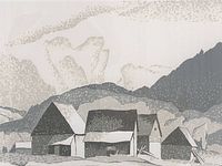 Close-up of print showing barns and mountainous landscape in grayscale