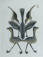 Full unobstructed view of the drawing depicting five stylized birds