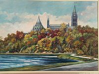 Oblique close-up of canvas showing Parliament buildings, autumn trees and river