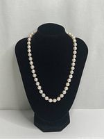 Full view of single-strand pearl necklace on display bust