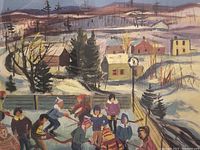 Close-up of print showing children playing hockey and rural winter landscape.
