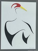 Closeup of the pelican artwork showing the stylized lines in black, red, and yellow and signature.