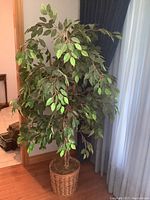 Full view of the 6 ft faux tree standing next to window and curtain, showing overall shape and foliage.