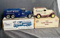 Blue 1930 'Diamond T' Tanker Truck with original box, showcasing Eastwood branding and detailed truck features