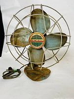Front view of vintage Electrohome electric portable fan showing four metal blades, protective cage, and logo at center. Power cord visible.