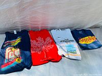 Four folded XL t-shirts: Foo Fighters, Tragically Hip x2, Seinfeld.