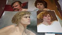 Photo showing several portraits of men and women, one with mustache, others with light and brown hair