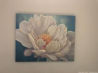 Front view of the original acrylic painting on canvas showing a detailed close-up of a white flower with a teal background.