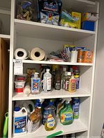 Shelf with various cleaning supplies including dishwasher detergent, baking soda, spray bottles, glue, and other household cleaners.