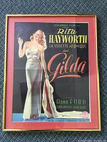 Full front view of framed vintage Rita Hayworth Gilda movie advertising litho print.