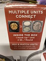 Photo showing box with description of 'Multiple Units Connect', contents include 1 Hook Up Unit 2 Qt./Round slow cooker, mix and match for guests.