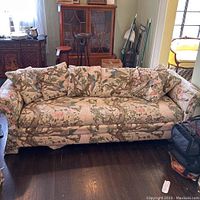Full front view of the chinoiserie patterned sofa with cushions and visible rip in fabric, showing overall style and condition.