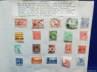 Full sheet of vintage 1930s-1940s Australian postage stamps with informational header and 18 stamps in assorted colors and conditions.
