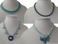 Four vintage hand beaded necklaces displayed on mannequins showing detailed beadwork and different styles.