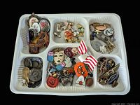 Full lot of assorted vintage pins displayed in a plastic tray with compartments showing diverse designs and styles.