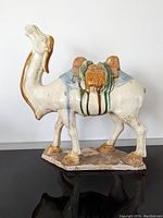 Full side view photo of pottery camel showing sancai glaze and camel shape on unglazed base.