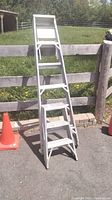 Both aluminum ladders positioned outdoors near a fence and traffic cones, showing general condition and paint residue.