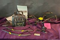 Full view of drone, remote controller, battery, camera, spare rotor blades, and instruction booklet on purple cloth background.