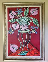 Full front view of the framed painting against a neutral wall.