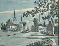 Close-up detail of the print showing the street scene with church steeples and surroundings.