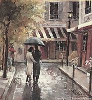 Close-up of the art print showing the couple on a rainy street under an umbrella.