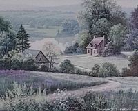 Close-up view of the artwork showing a rural scene with houses, trees, fields, and a pathway in soft, muted colors.