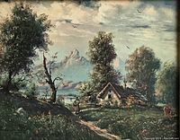 Close-up of the framed print showing the mountain landscape artwork with cottage, trees, figure, and birds. Signature visible at bottom left.