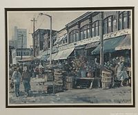 Close-up of the art print showing a street scene at Ottawa Byward Market with people and market stalls, signed 'Inge Claussen'