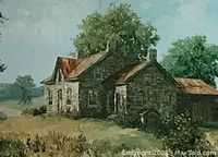 Close-up of the print "Canadian Homestead" showing the stone house and surrounding landscape.