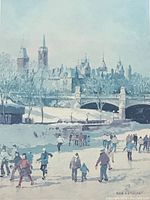 Close-up view of the print showing ice skaters on a frozen canal with city architecture in the background, signed by Inge Claussen.