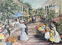 Close-up of the artwork showing detailed village street scene with people, horses, carriages, and flower carts.
