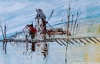 Close-up detail of the boat, dock, and architectural elements with reflections in water.