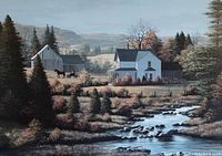 Close-up of the artwork depicting rural landscape with river, farmhouse, and barn.
