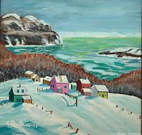 Close-up of oil painting showing the winter landscape with colourful snow-covered houses and a seascape background.