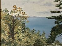 Close-up of oil painting showing lake view with trees and signature lower right.