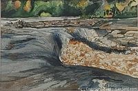 Close-up of the watercolor painting showing flowing water, rocks, and greenery.