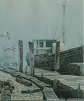 Close-up image of the art print depicting boats at a dock with birds flying and wooden docks in muted colors.