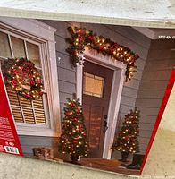 Box showing setup of two pre-lit potted Christmas trees flanking a door with a decorated garland and wreath for outdoor holiday decoration.