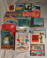 Overview of all board books laid out with titles visible showing various colorful children's books including Eric Carle titles and others