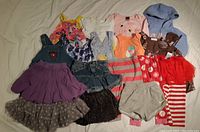 Top view photo of assorted baby girl clothing laid out showing variety of items including dresses, skirts, tops, hoodie, and shorts.