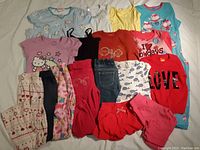 Overview of all clothing items in the lot, various tops, bottoms, shorts, and pants