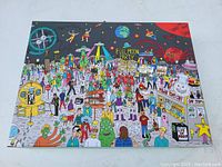 Front view of completed puzzle image showing colorful cartoon outer space party with many characters and elements.