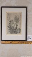 Full view of framed drypoint etching showing overall condition and frame size