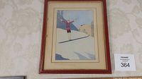 Framed hand-coloured illustration of skiing scene measuring 13x11 inches.